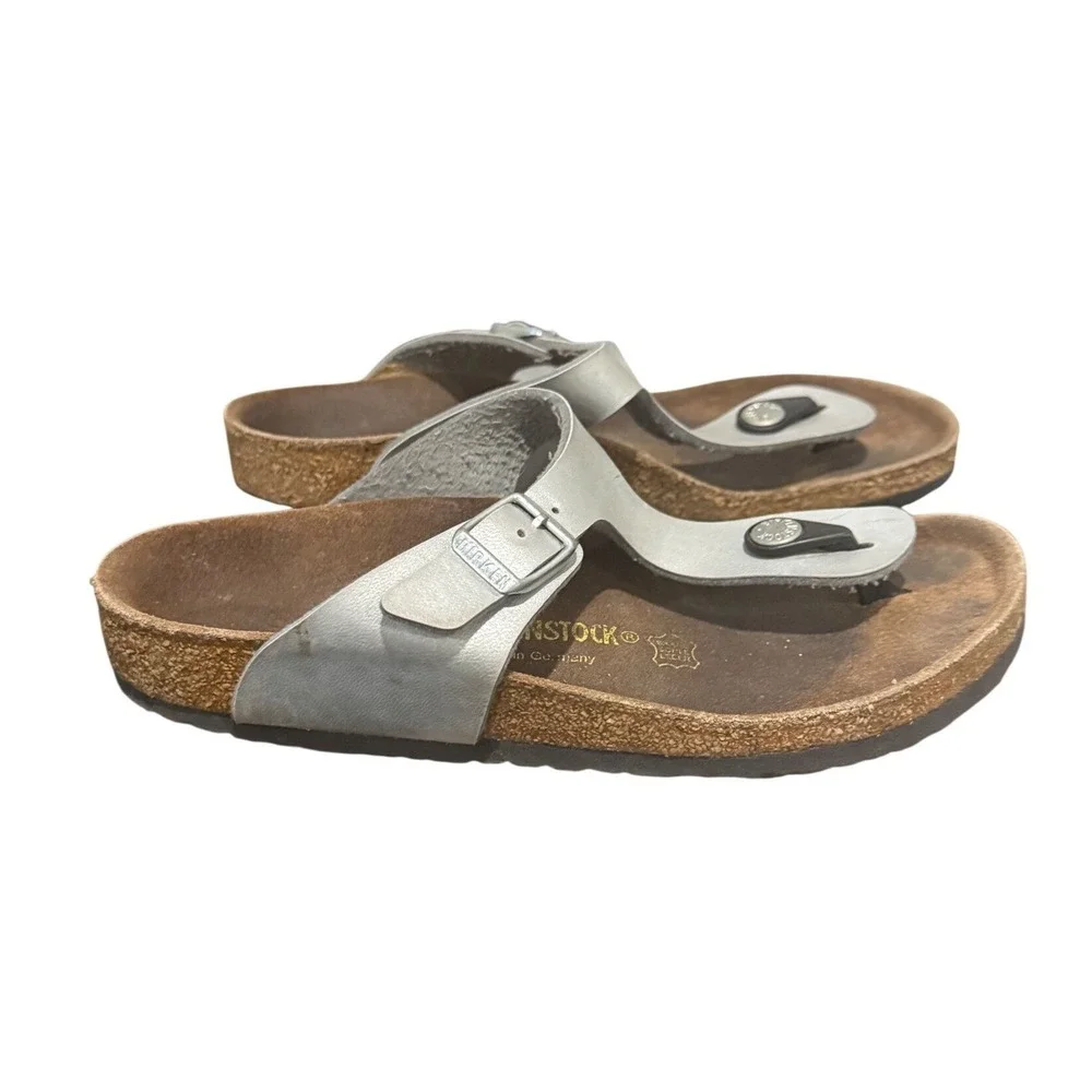 Birkenstock Gizeh Kids Silver Metallic Sandals Cork Footbed Girls Size 32 US 1‎